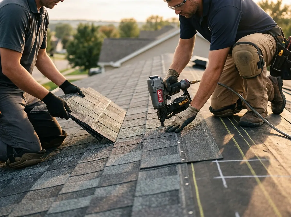 Professional roofer working on a residential roof in Hope Mills